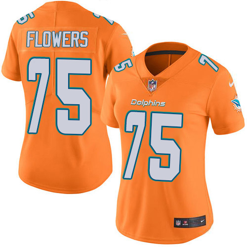 Nike Miami Dolphins 75 Ereck Flowers Orange Women Stitched NFL Limited Rush Jersey